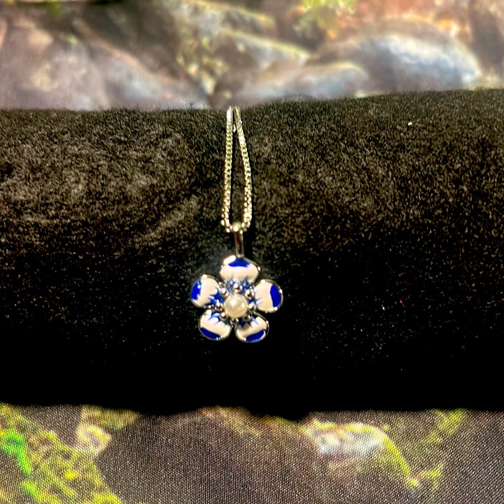 Silver Filled Pearl And Enamel Flower Pendant And Chain